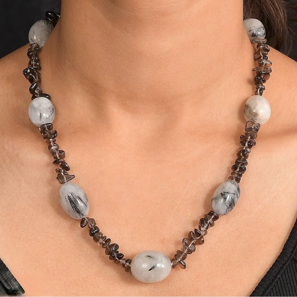 $120 Retail 445.00 Carat Black Rutile Quartz & Brazilian Smoky Quartz Necklace